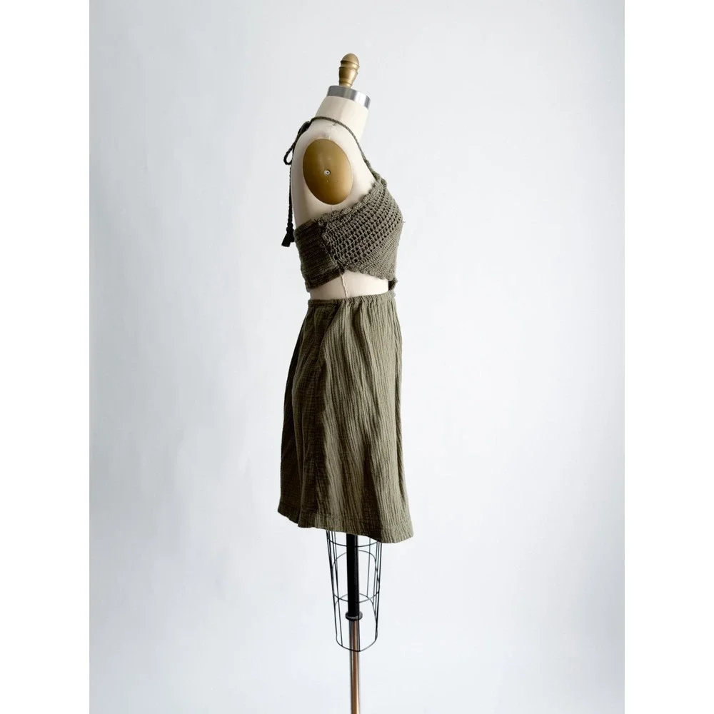 Aerie Mini Dress Boho Crochet Halter Cutout Gauze XL Olive Green Summer Festival